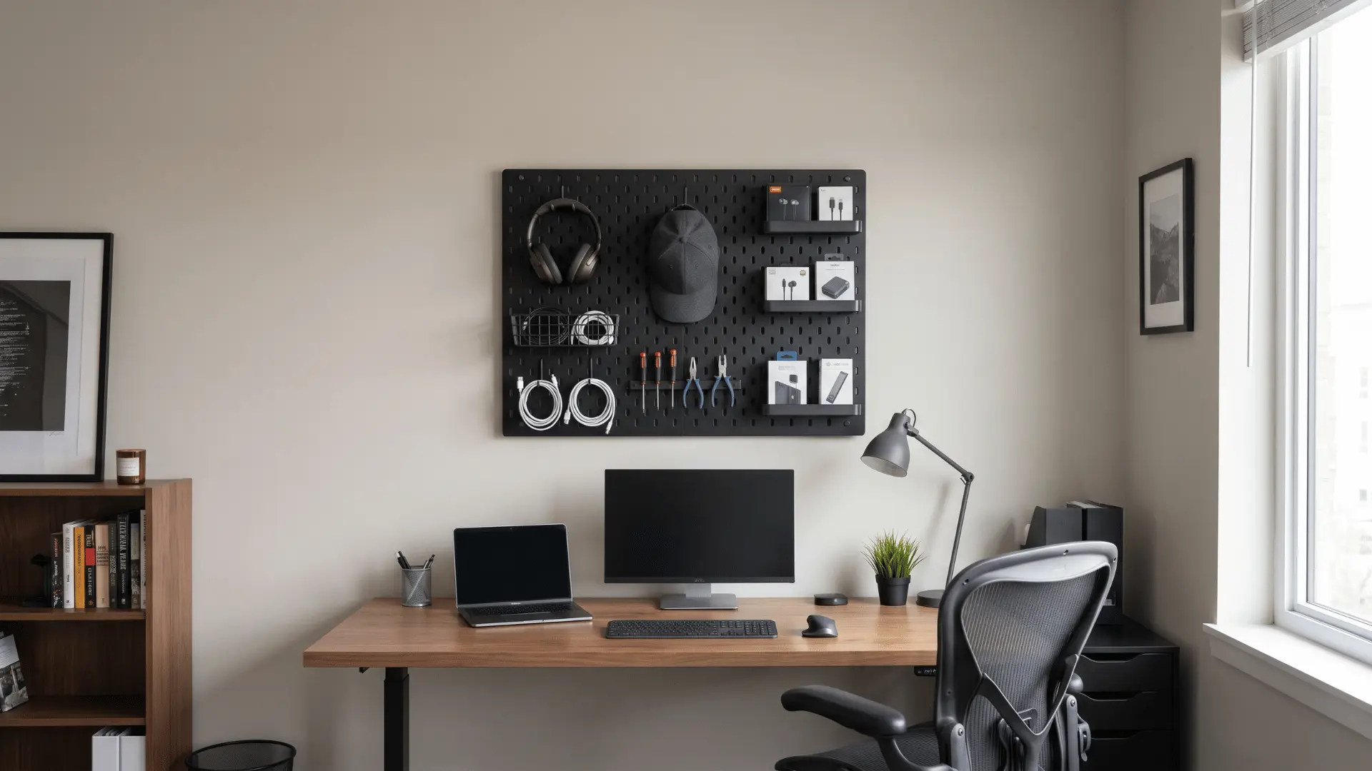Black pegboard organizing headphones, tools, cables, and accessories above a wooden desk
