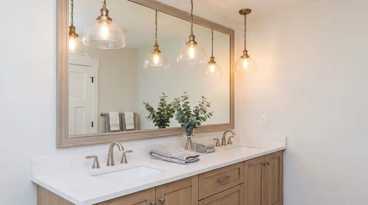 Double-sink wooden vanity with a white countertop, large mirror, glass pendant lights, folded towels, and greenery.