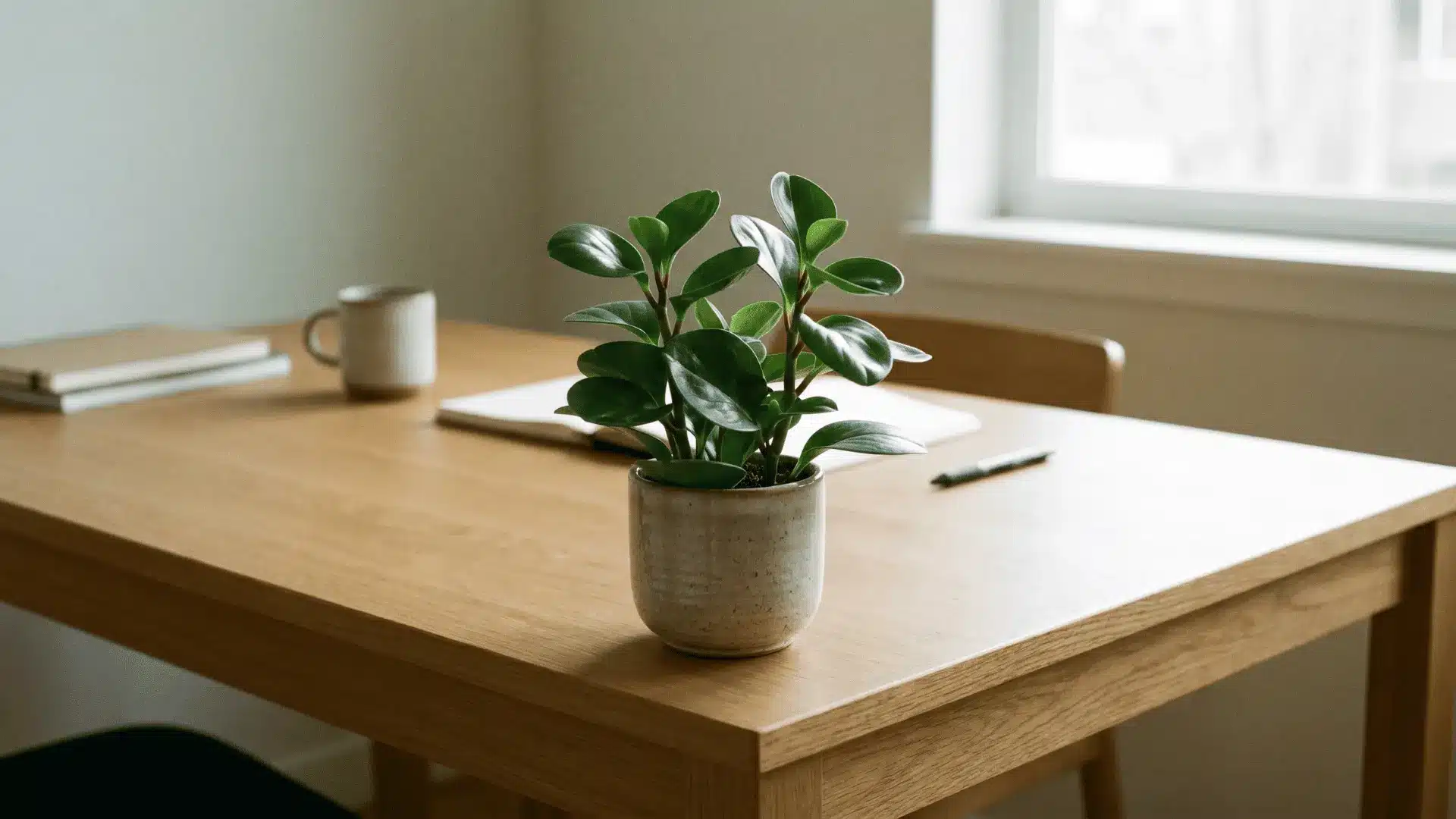 Peperomia compact plant on indoor desk.