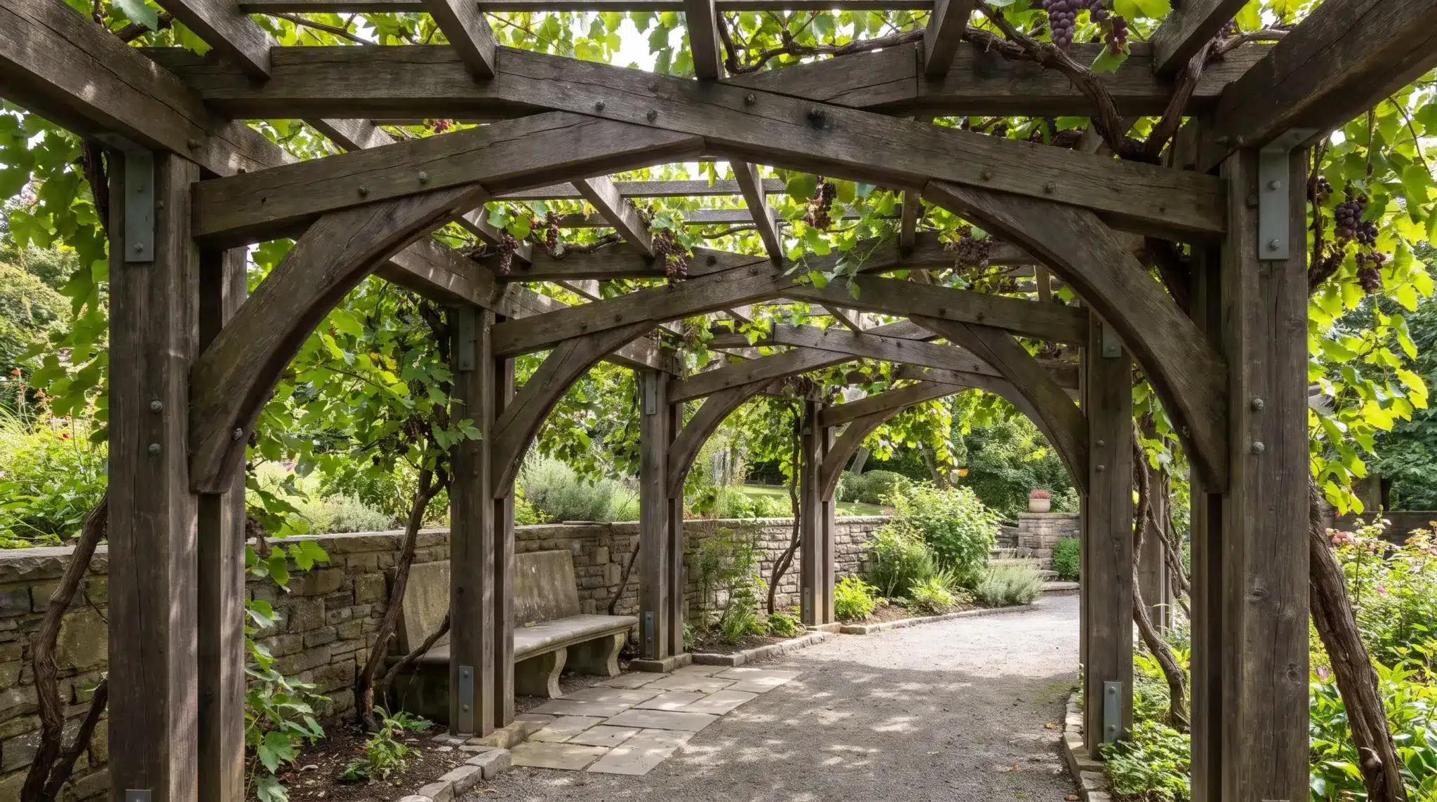 Reinforced wooden pergola trellis supporting mature grapevines above an open garden walkway.