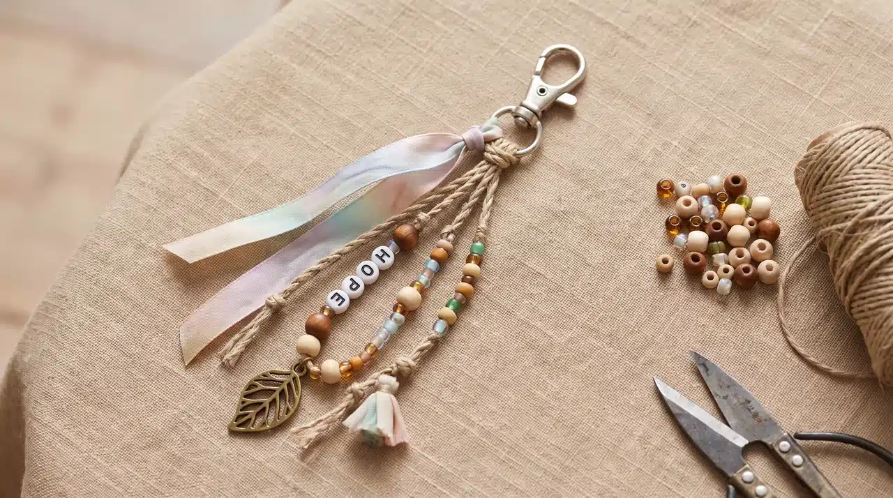 Bag charm with beads, ribbon, cord, letter beads, and small charms attached to a clasp