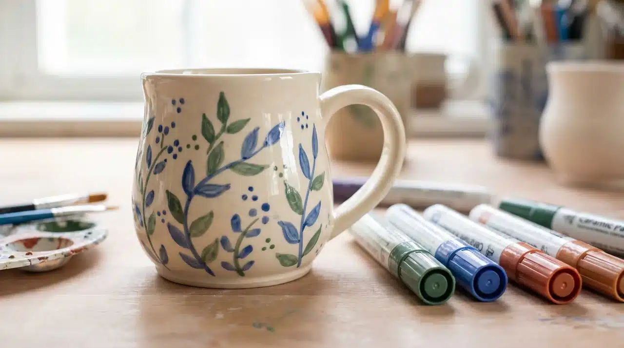 Ceramic mug with geometric pattern and ceramic paint pens for a DIY gift project