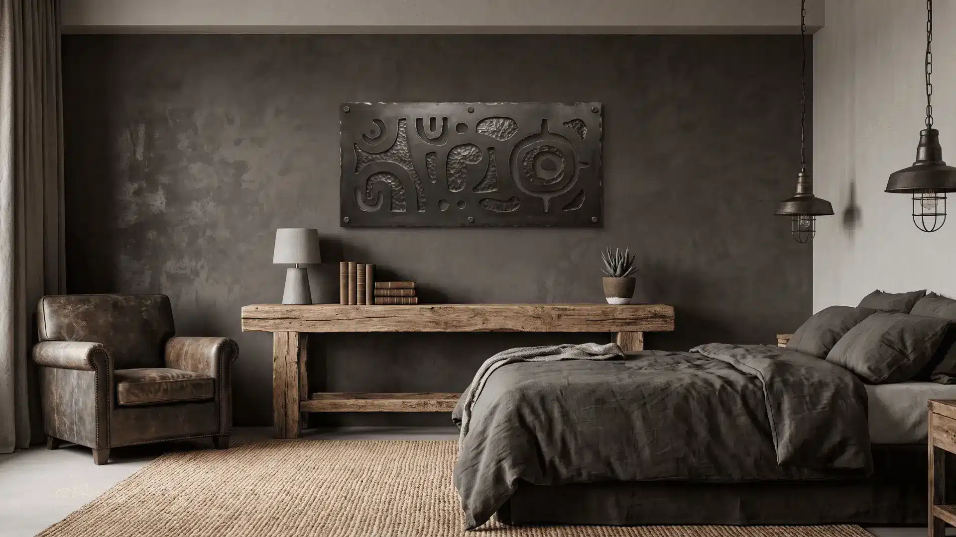 Masculine bedroom with a personalized metal wall sign above a wooden console