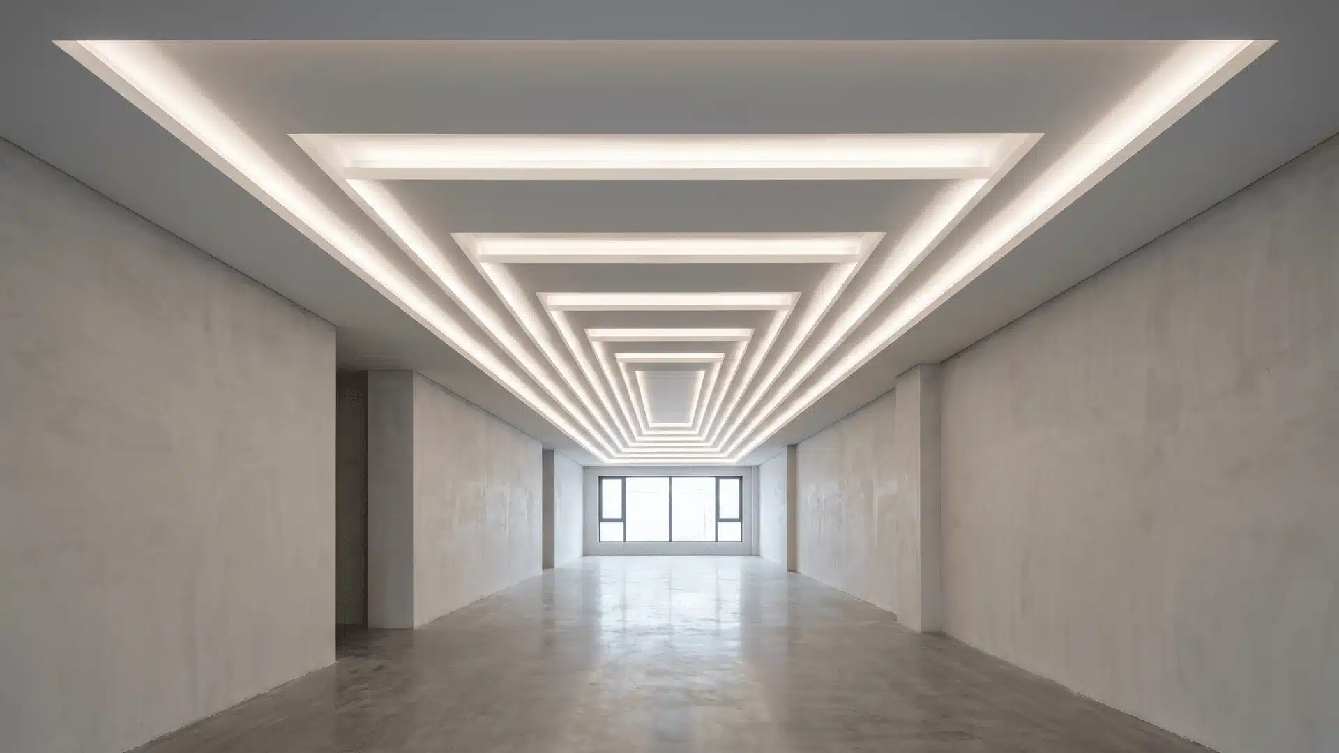 Perspective-taper tray ceiling narrowing toward one end to create visual depth illusion.