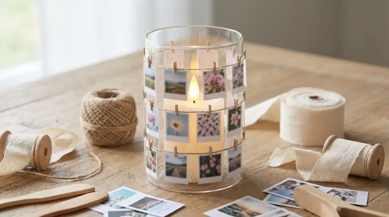 Glass candle holder decorated with small photos and a battery-operated candle inside