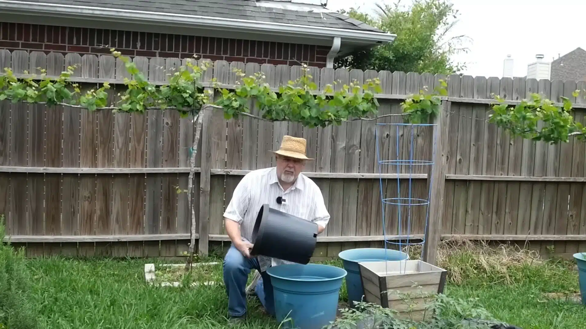 Man holding a large black planter beside blue pots and a raised garden bed in a backyard vegetable garden.