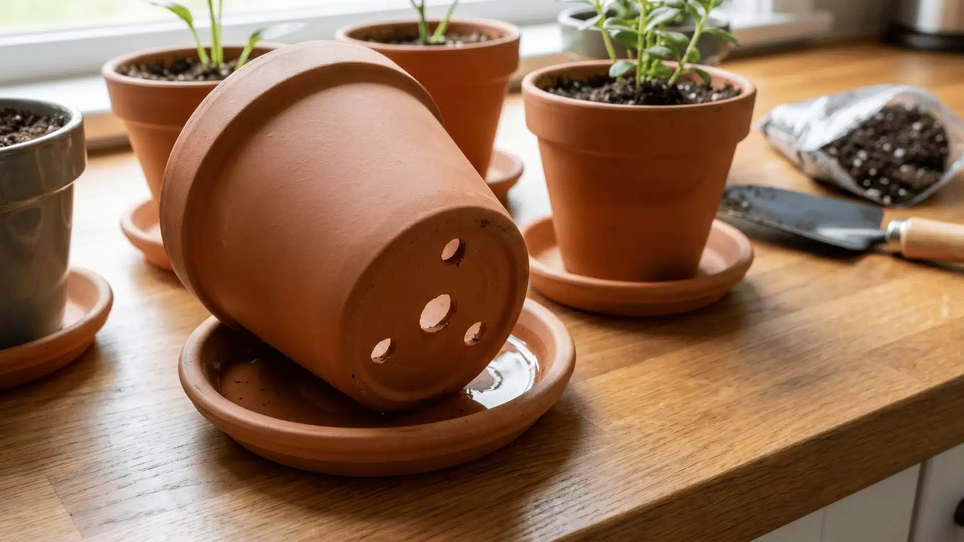 Herb plants in containers with drainage holes and saucers.