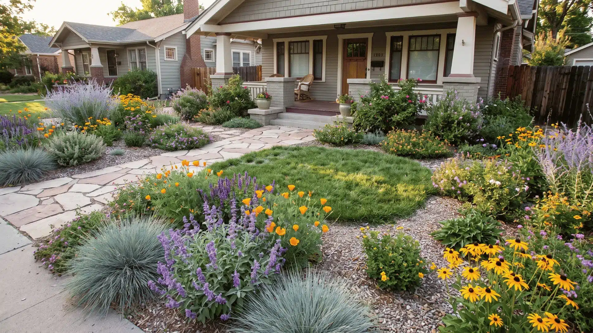 Front yard planted with native shrubs, grasses, and drought-tolerant flowering plants.
