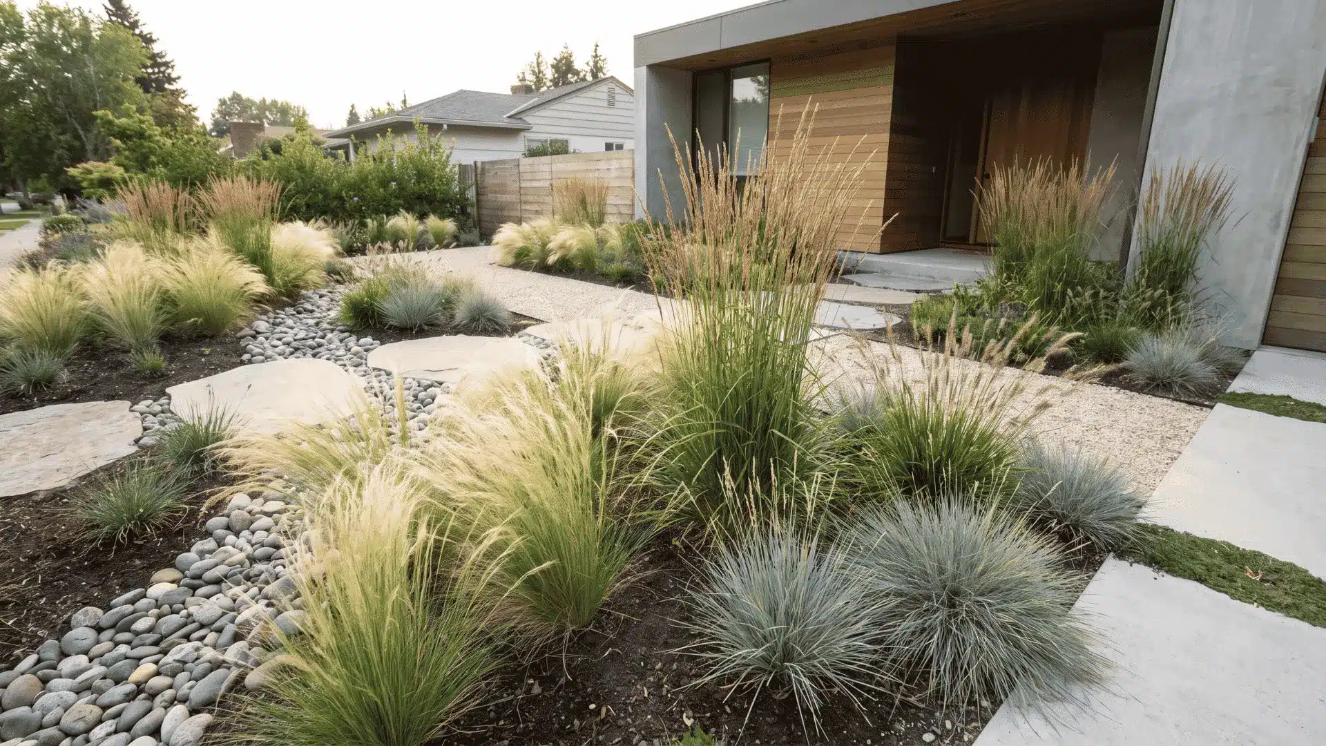 Ornamental grasses adding movement and texture to a simple front yard landscape.