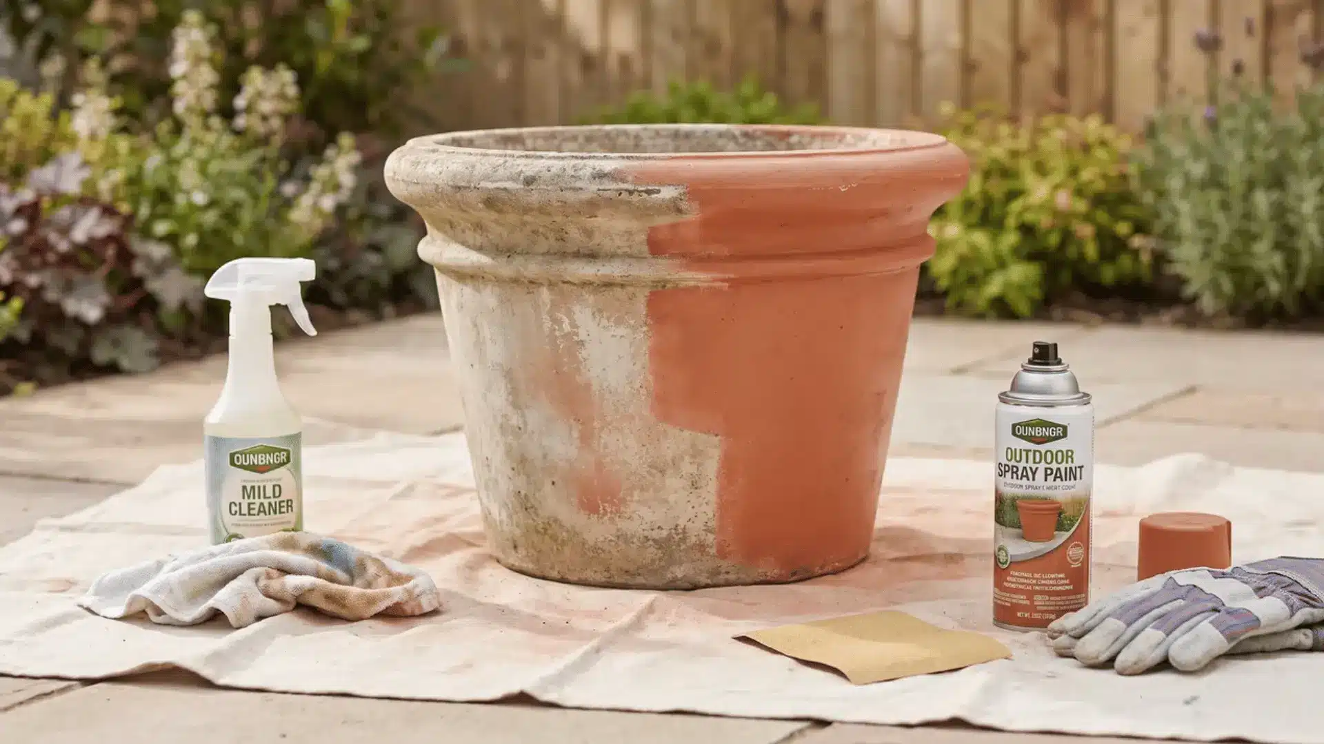 Old planter partly repainted outdoors on a drop cloth with spray paint, sandpaper, cleaner, cloth, and gloves nearby