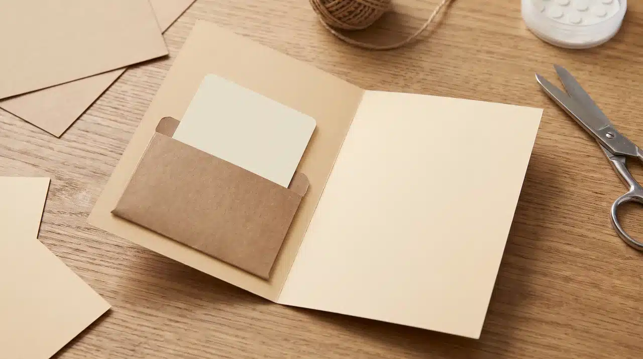 Folded cardstock card with an inside paper pocket holding a blank gift card shape