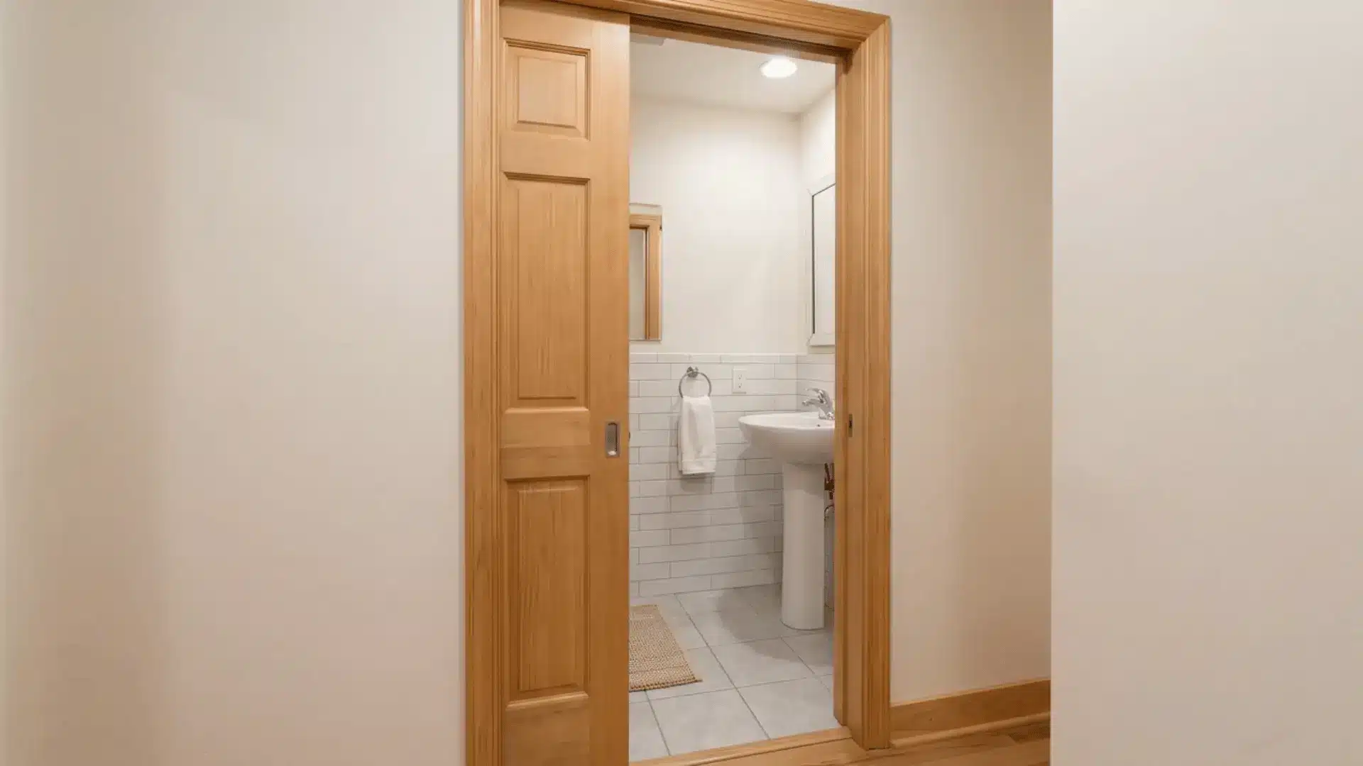 Pocket door recessed into small bathroom wall