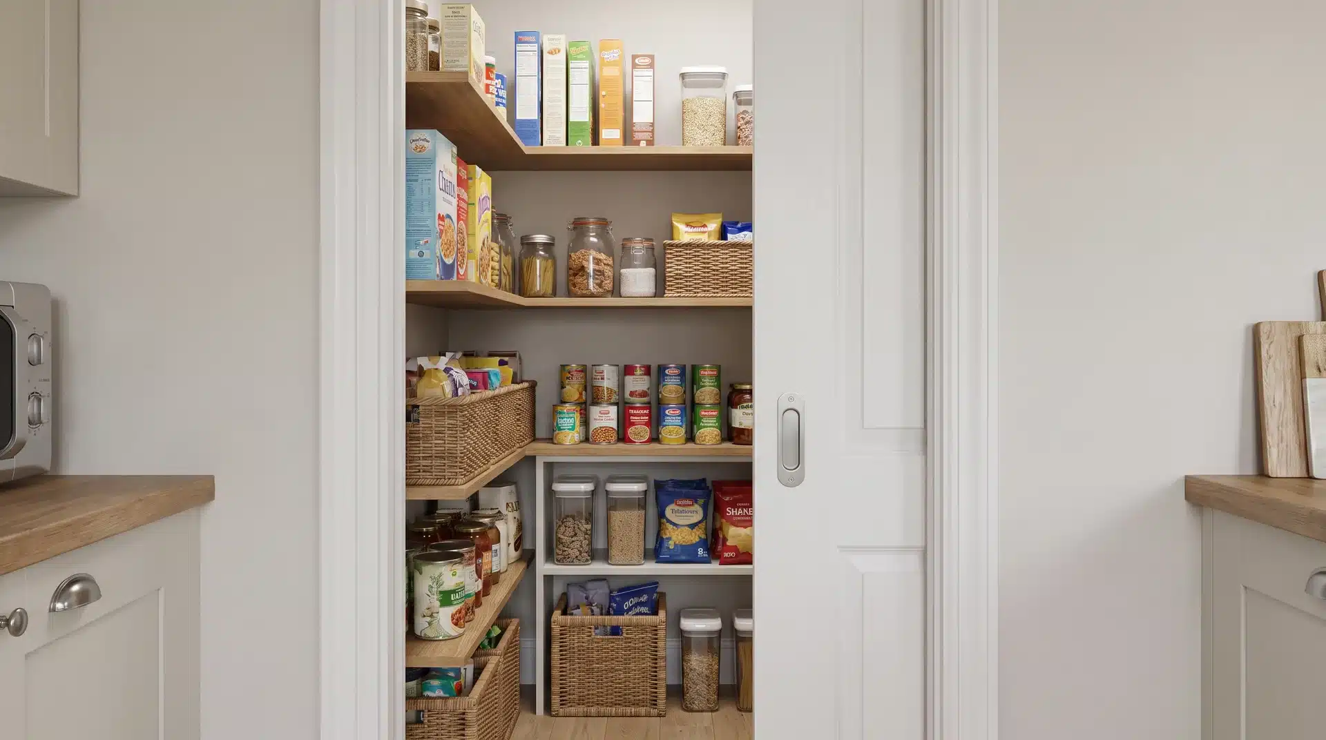 Small pantry with a pocket door sliding into the wall beside shelves, baskets, jars, cans, and everyday pantry items