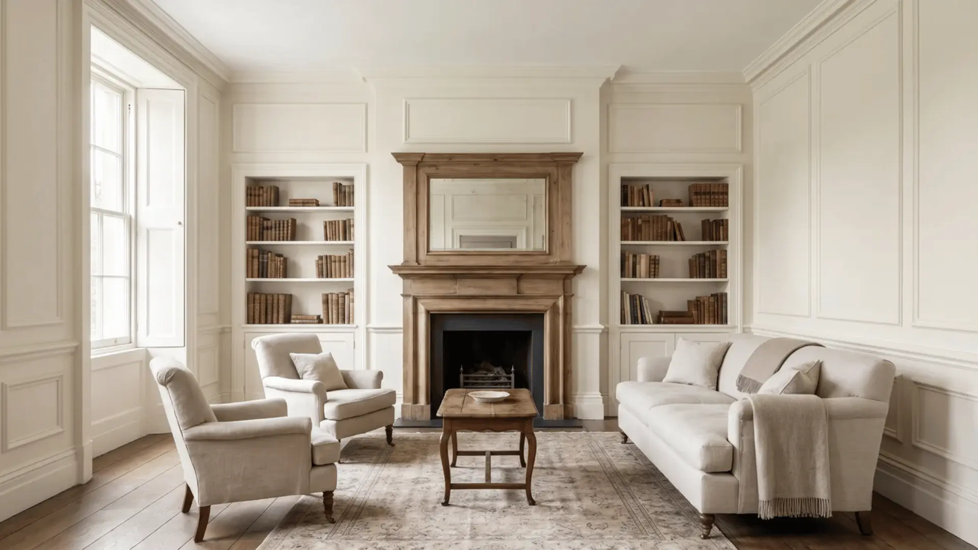 Traditional room with warm off-white walls and detailed millwork