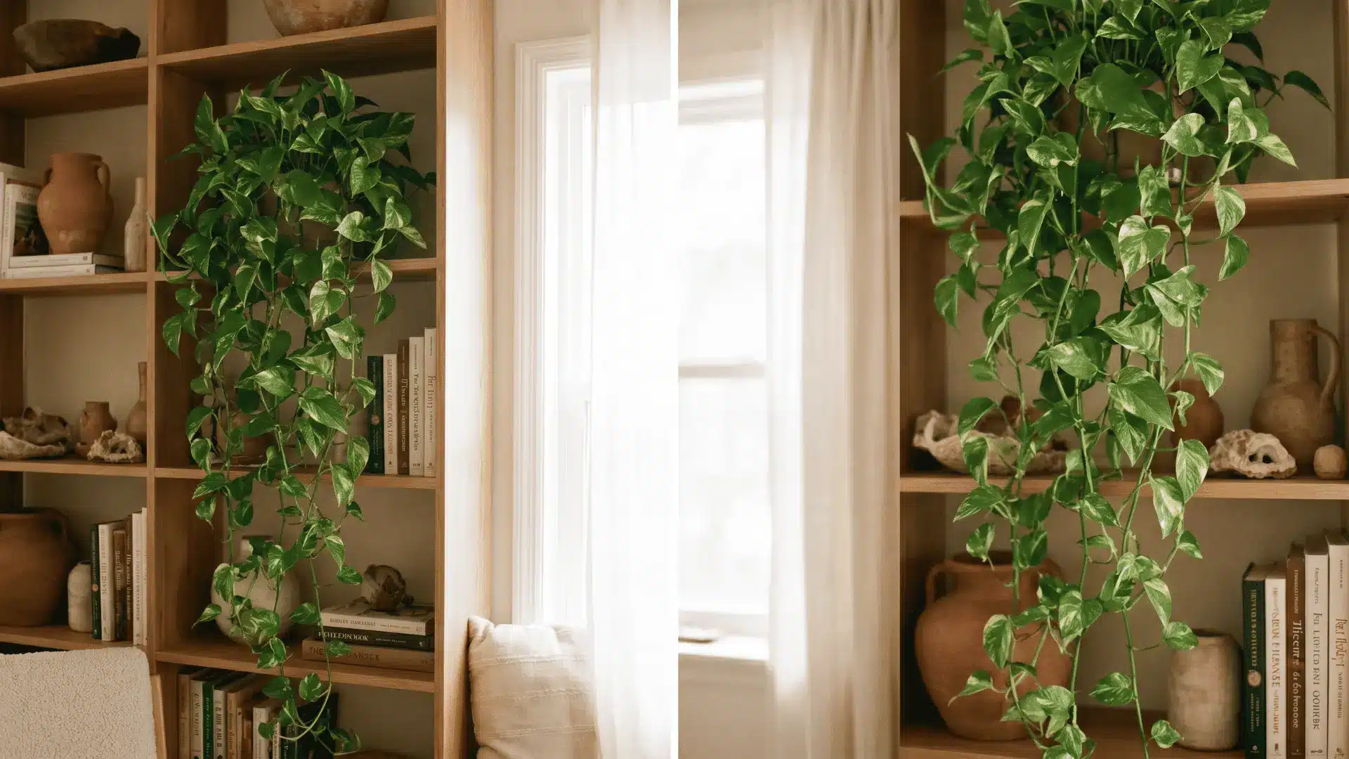 Pothos plant with trailing vines on an indoor shelf.