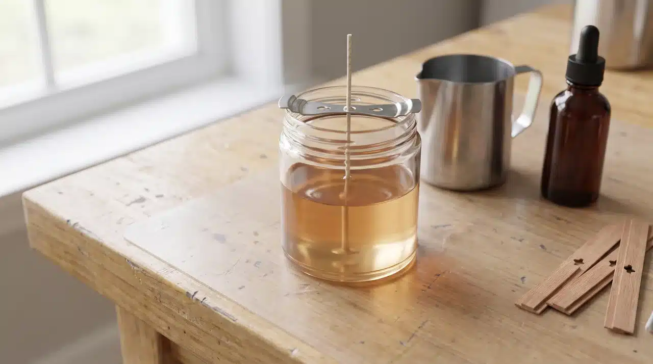 Clear candle jar partly filled with melted wax and a centered wick
