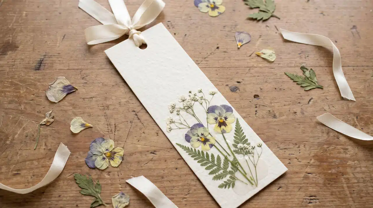 Cardstock bookmark decorated with pressed flowers and ribbon on a neutral tabletop