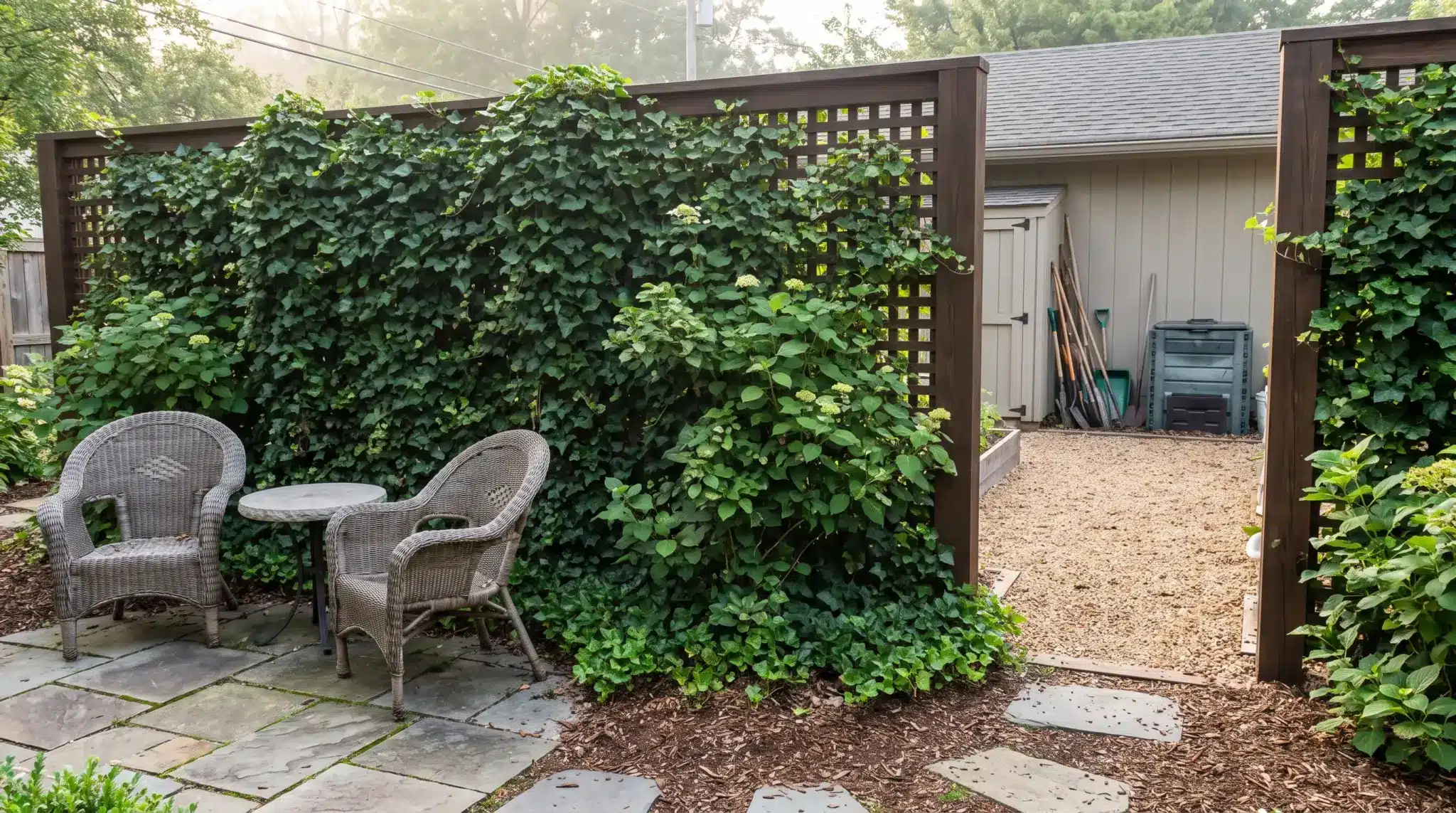 Tall vine-covered trellis screening a patio from a nearby utility area while allowing pruning access.