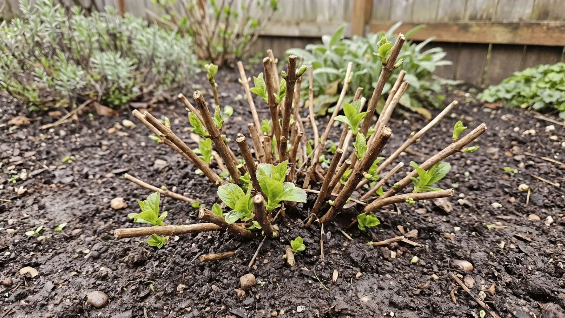Pruned hydrangea shrub producing fresh green shoots and new leaves from short stems