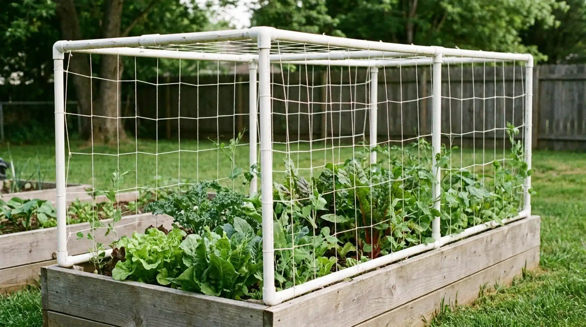 White PVC pipe trellis with garden netting supporting vegetables in a raised backyard bed