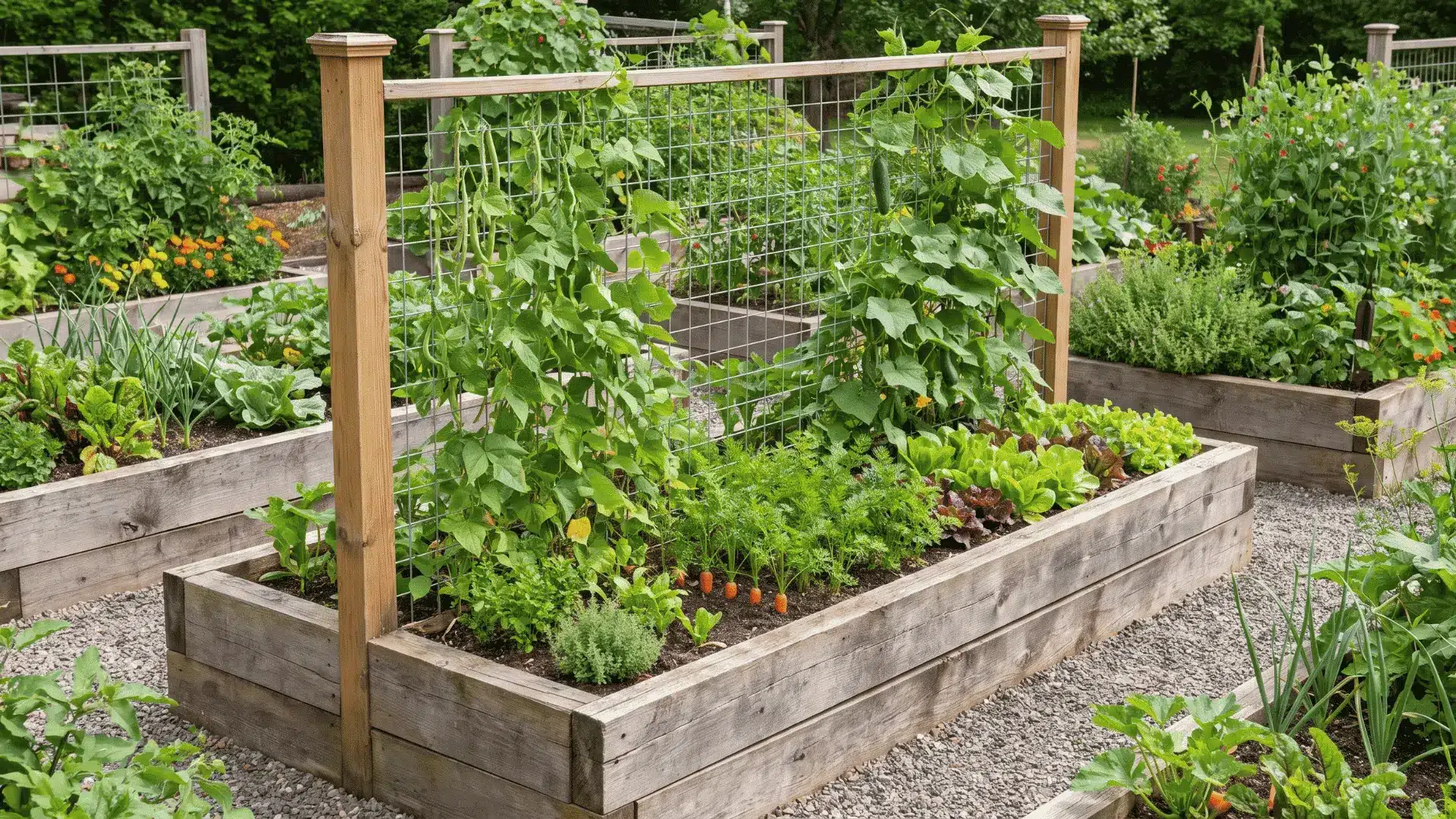 Corner trellis attached to a raised bed with climbing crops behind shorter vegetables.