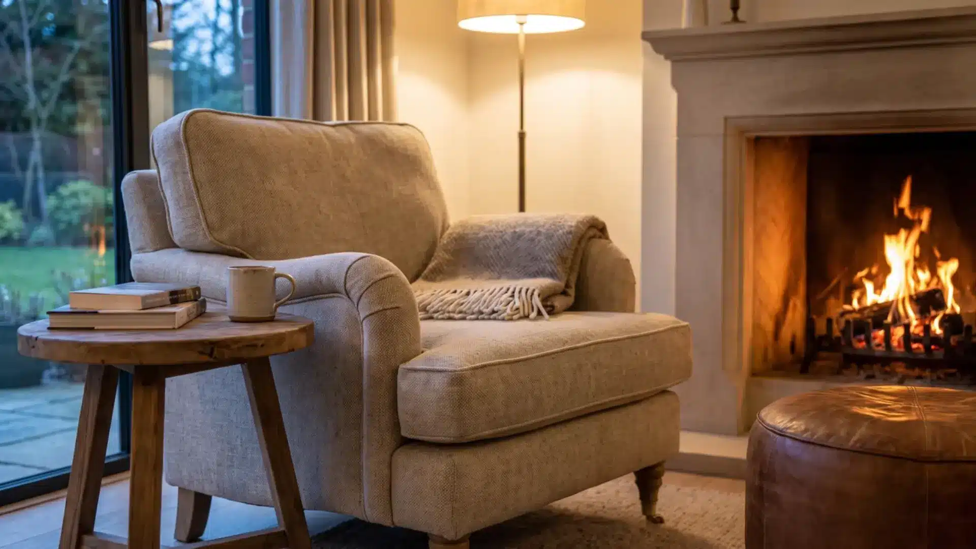 armchair and side table positioned beside a lit fireplace