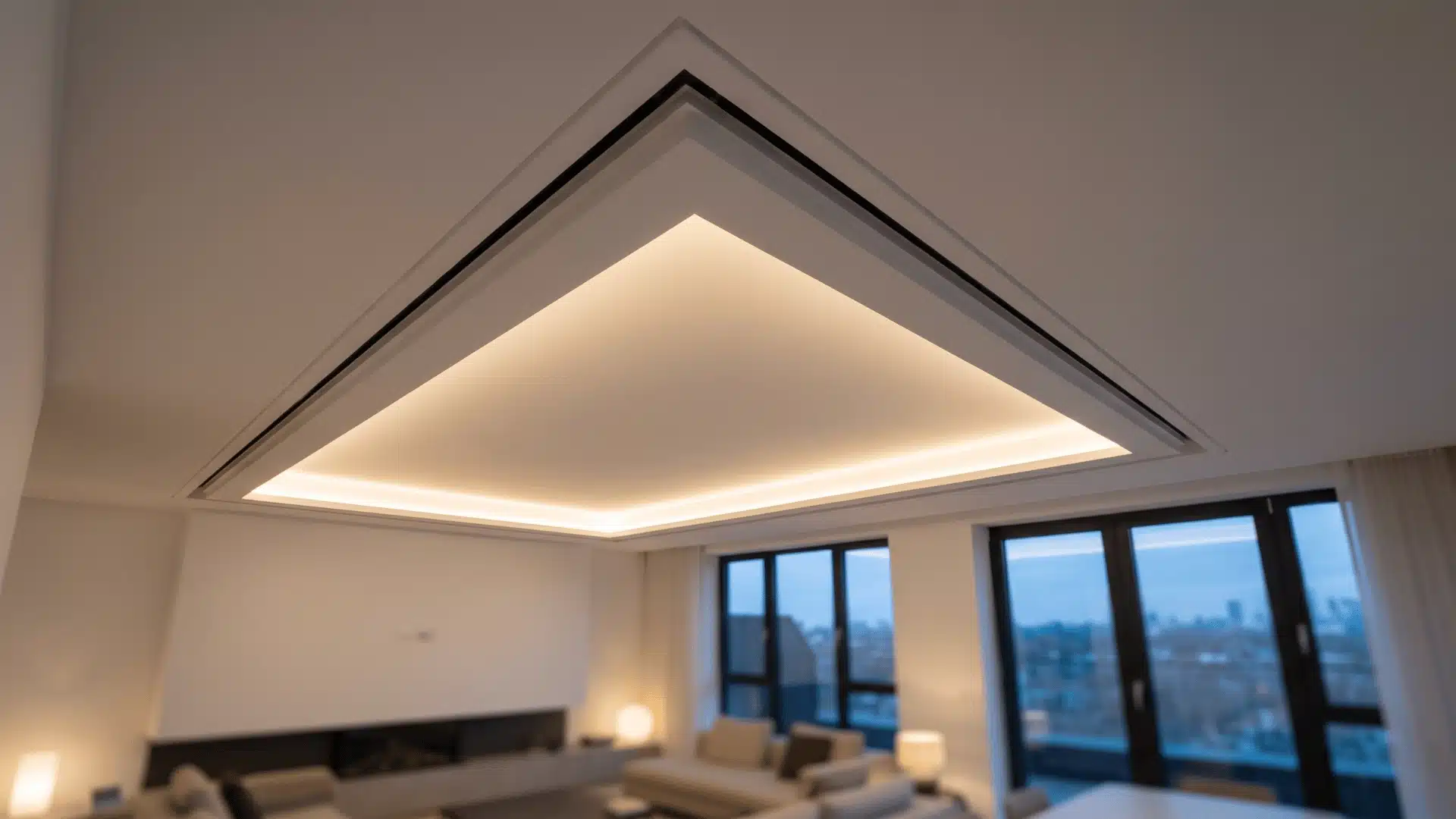 Contemporary room with tray ceiling featuring recessed shadow gap reveal forming a floating layered ceiling effect