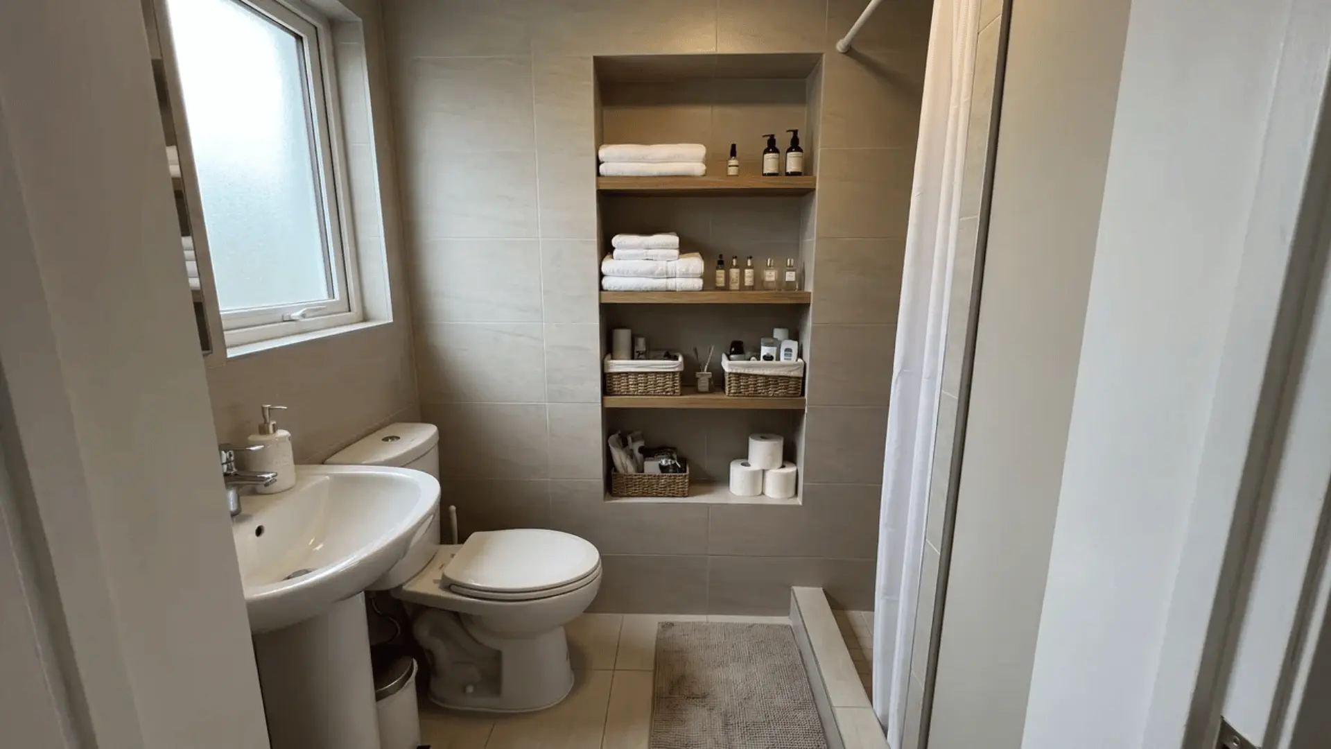 Recessed wall storage with towels and toiletries in a small bathroom with closely spaced fixtures