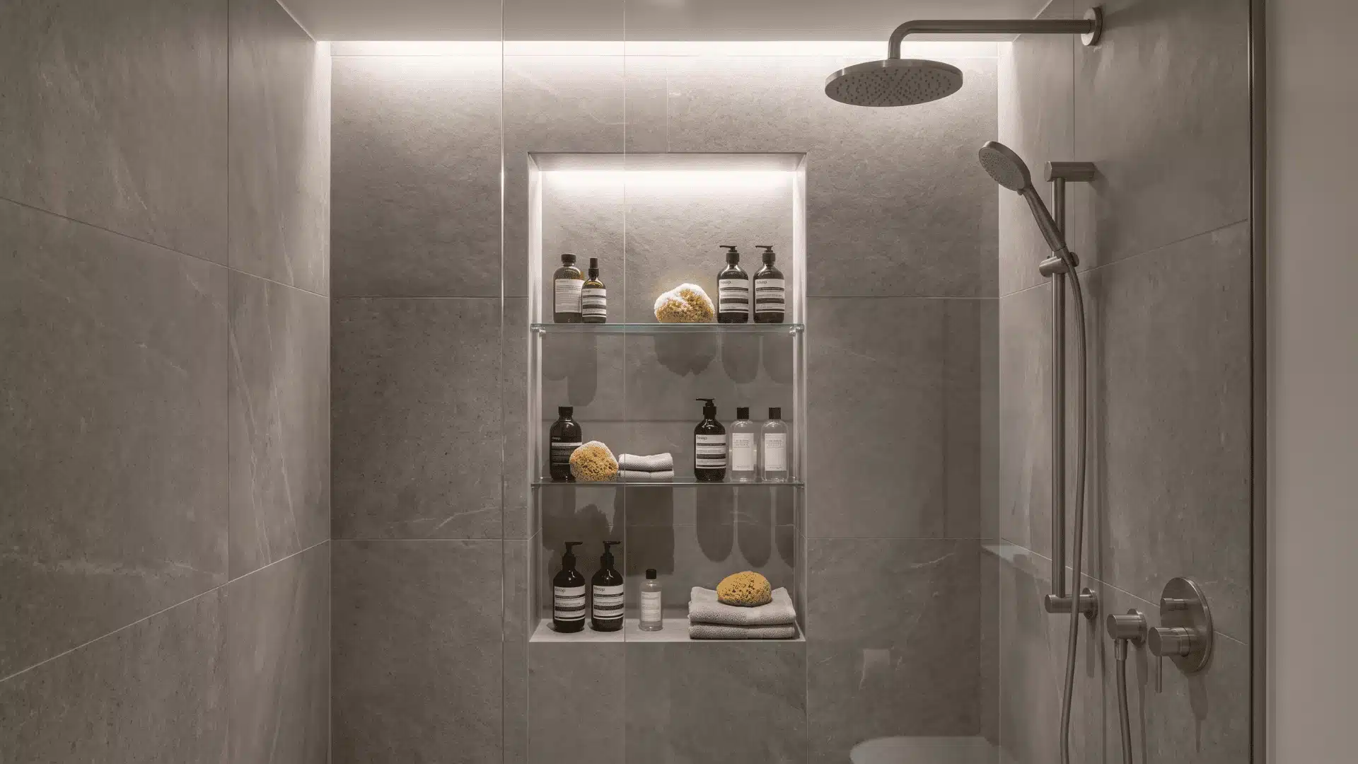 Recessed shower wall niches for storing bathroom essentials