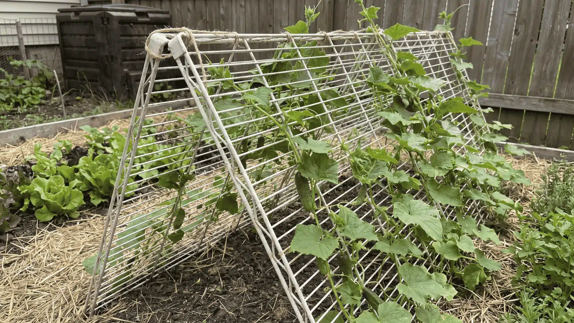 Recycled wire shelving joined into a simple trellis with cucumber vines climbing the open grid.