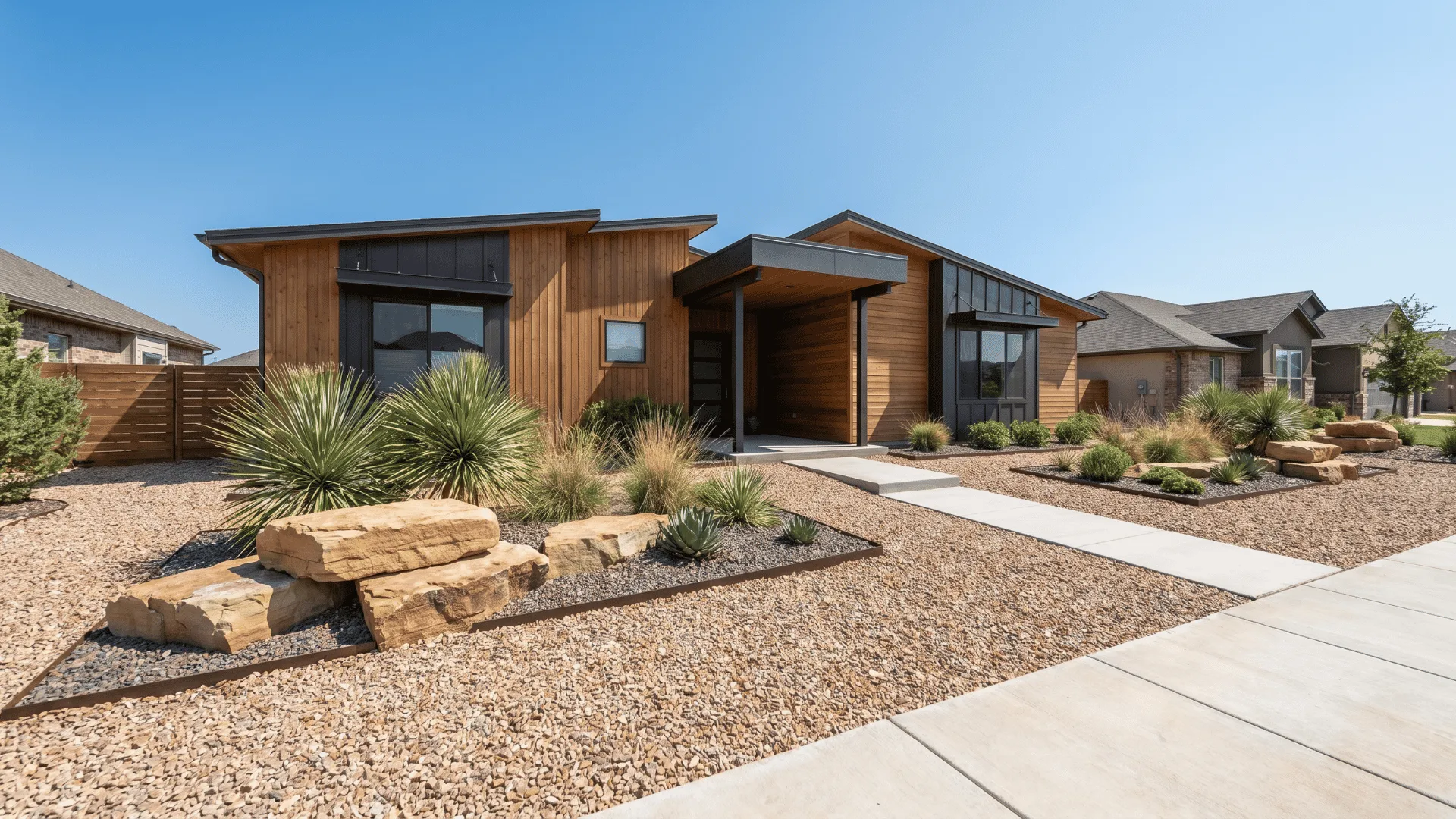 Front yard with decorative gravel, boulders, and drought-tolerant plants replacing a traditional lawn.