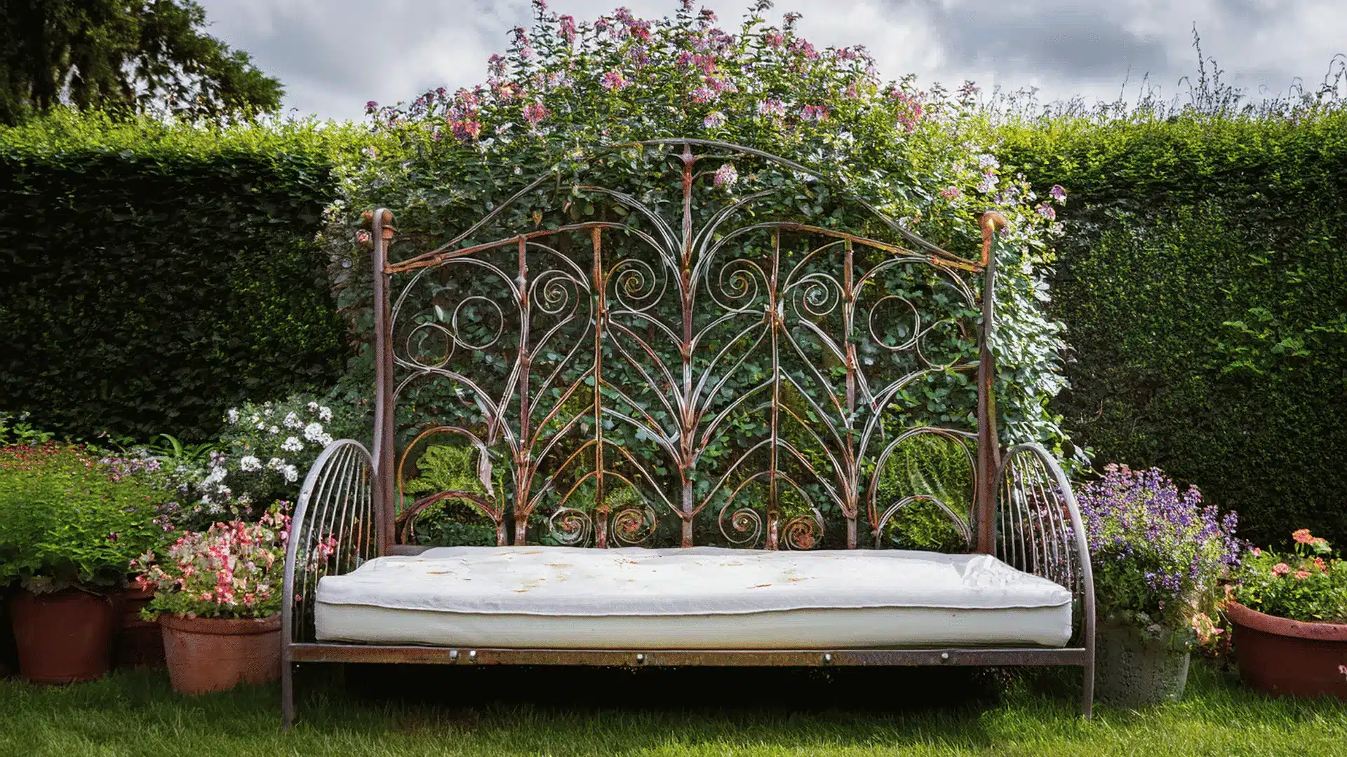 Vintage metal headboard repurposed as a trellis for flowering vines in a cottage garden.