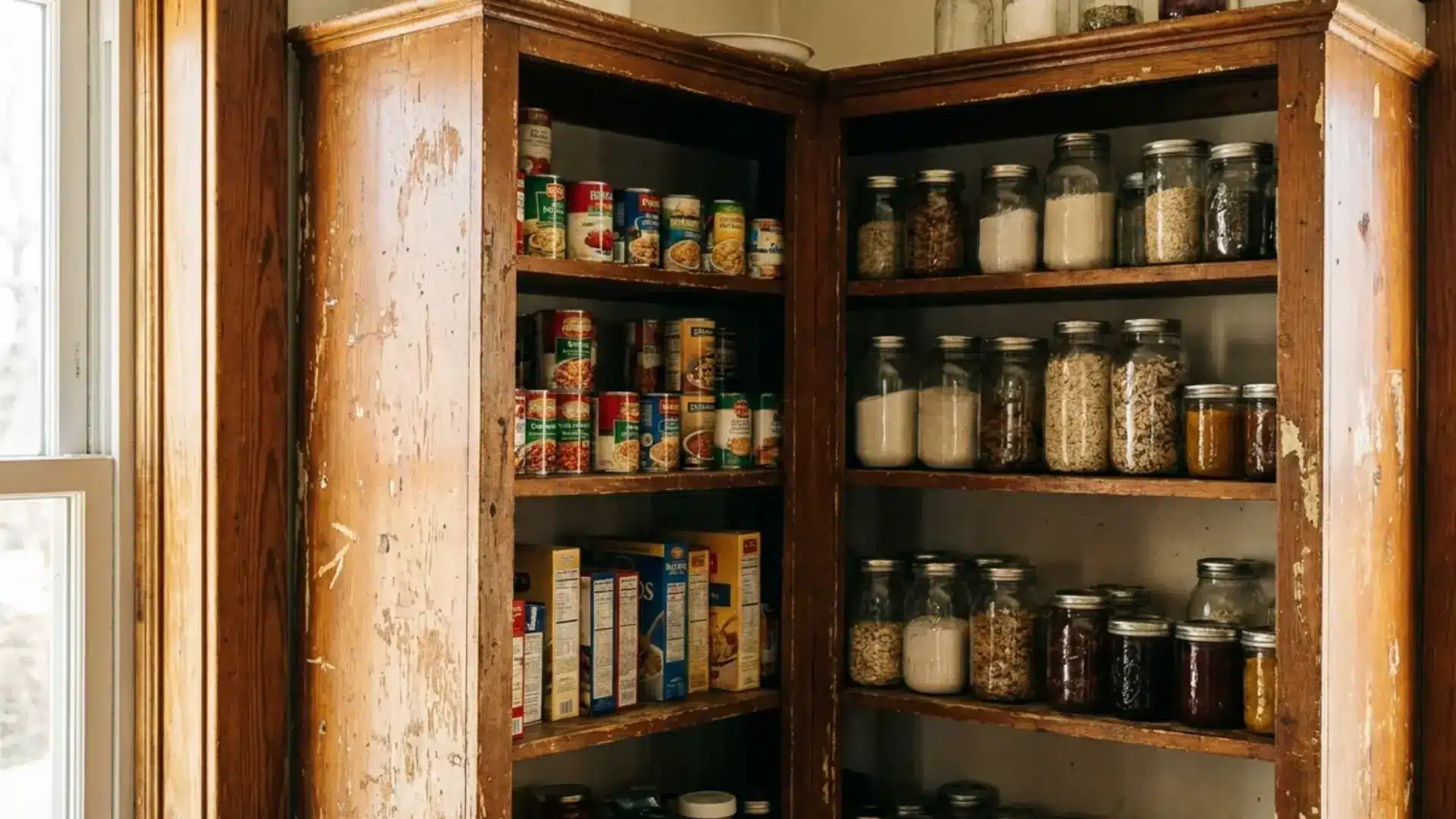 Secondhand wooden bookshelf repurposed as pantry storage holding canned goods and jars