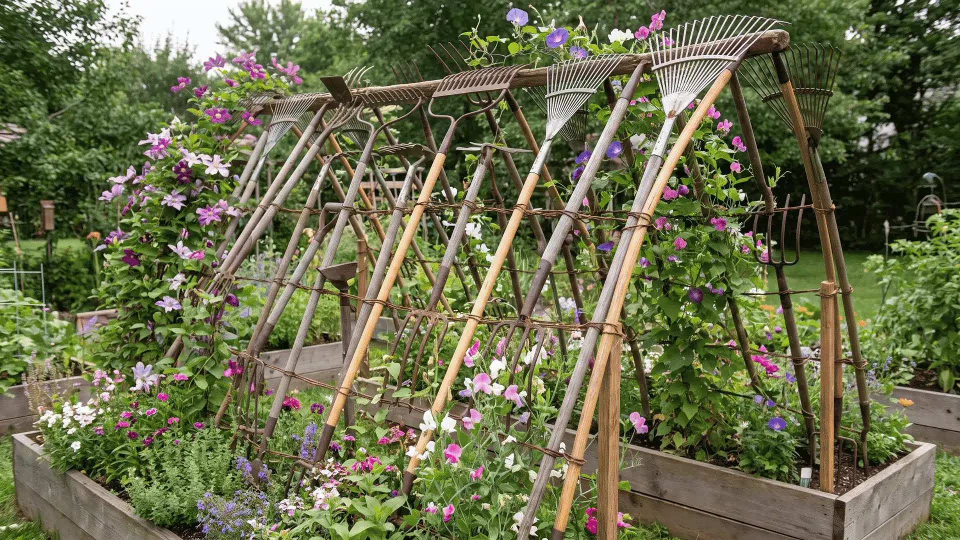 Old rakes and garden tools repurposed into an upright trellis for decorative flowering vines.