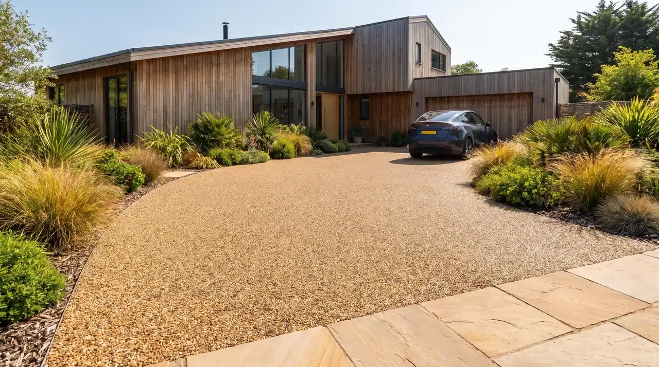 Resin-bound gravel driveway leading to a modern wood-clad home with landscaped borders and parked car.