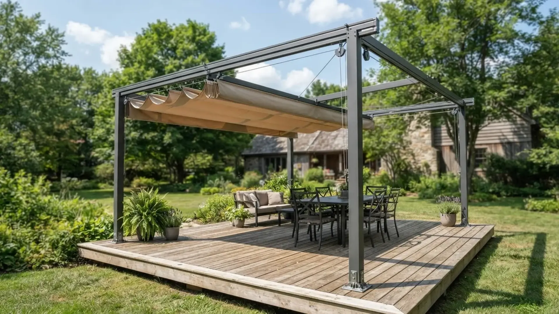 Beige fabric retractable awning extended over an outdoor wooden deck attached to a house.