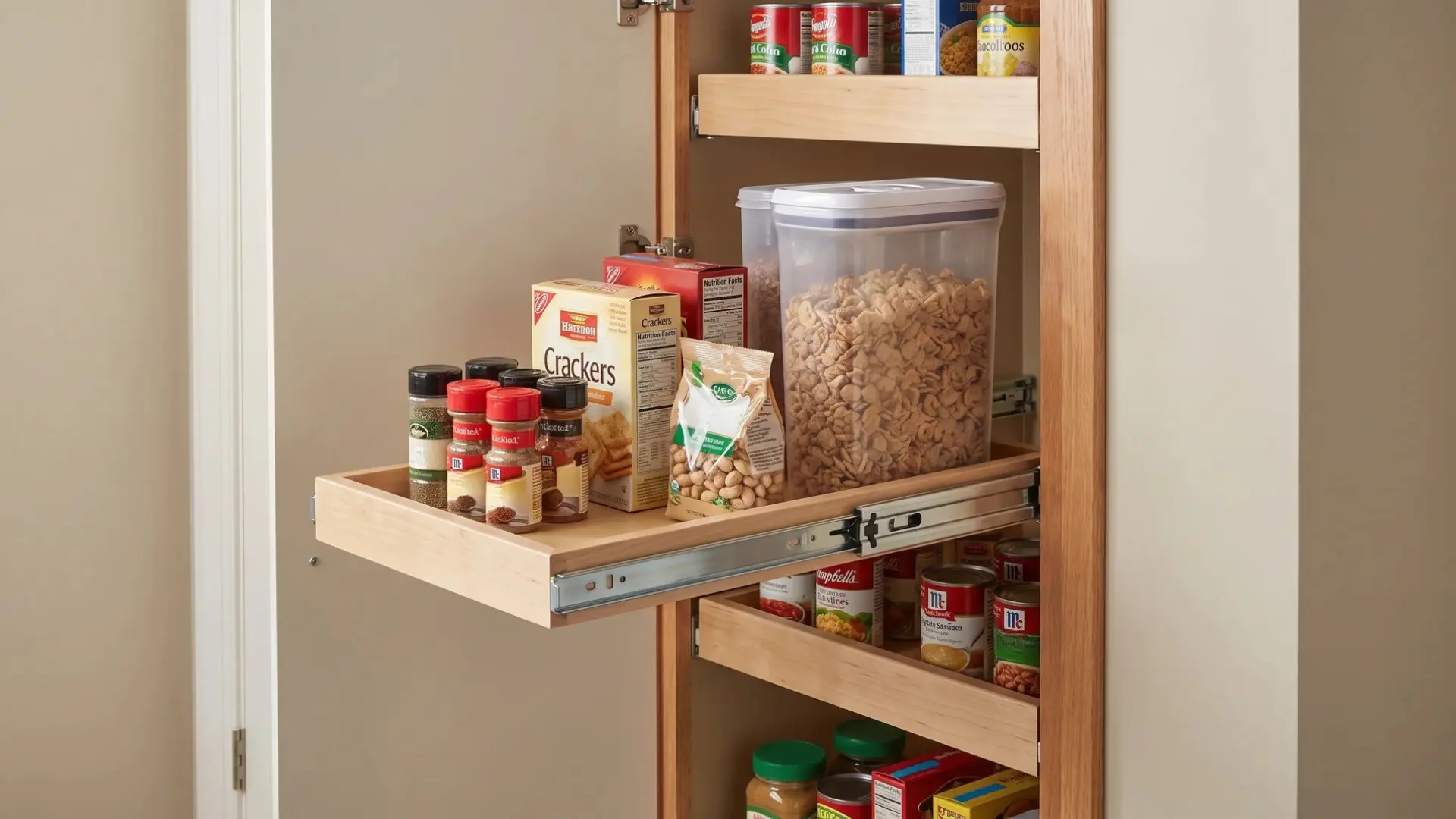 Small pantry cabinet with a partially extended retractable shelf holding small items in front and a larger container behind