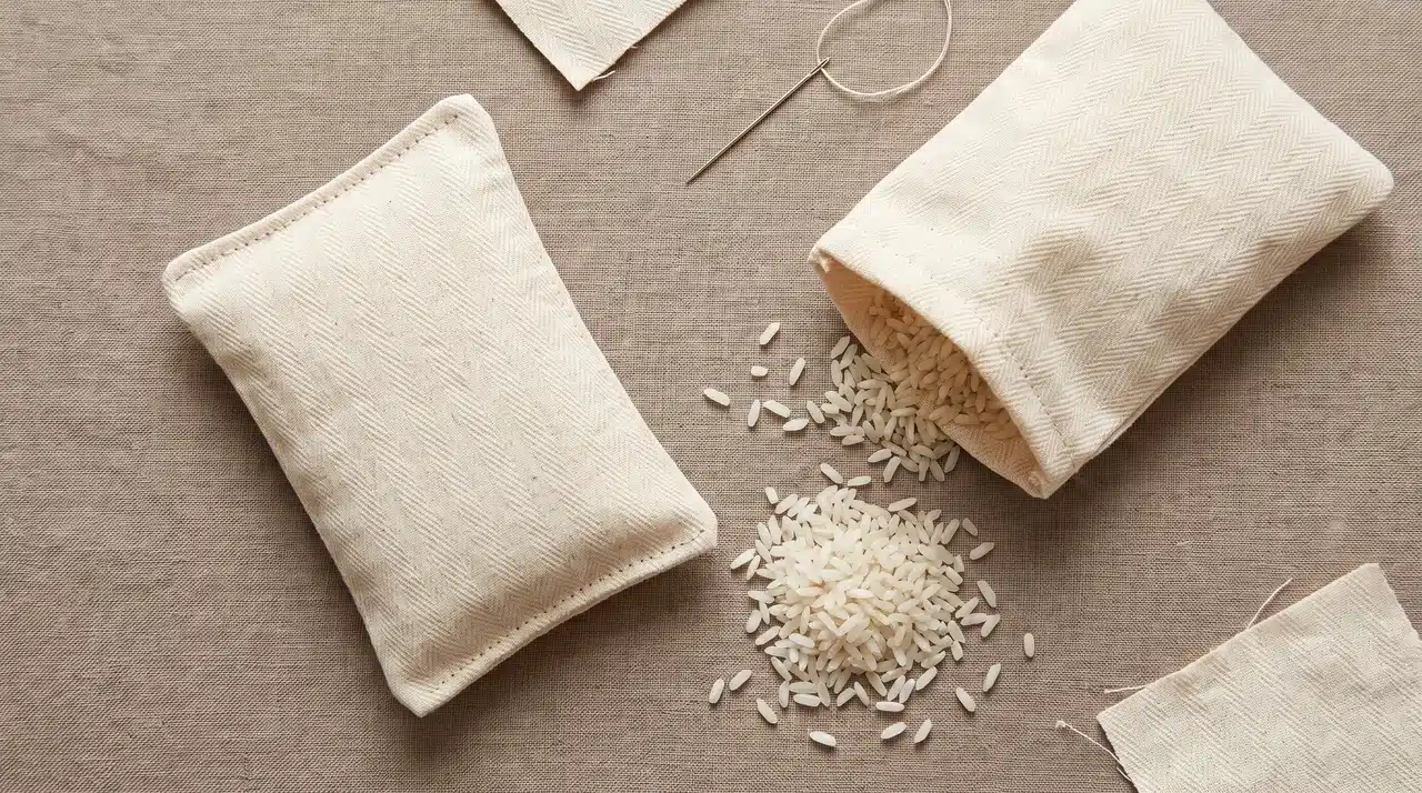 Cotton hand-warmer pouches with one partly filled with rice and one stitched closed