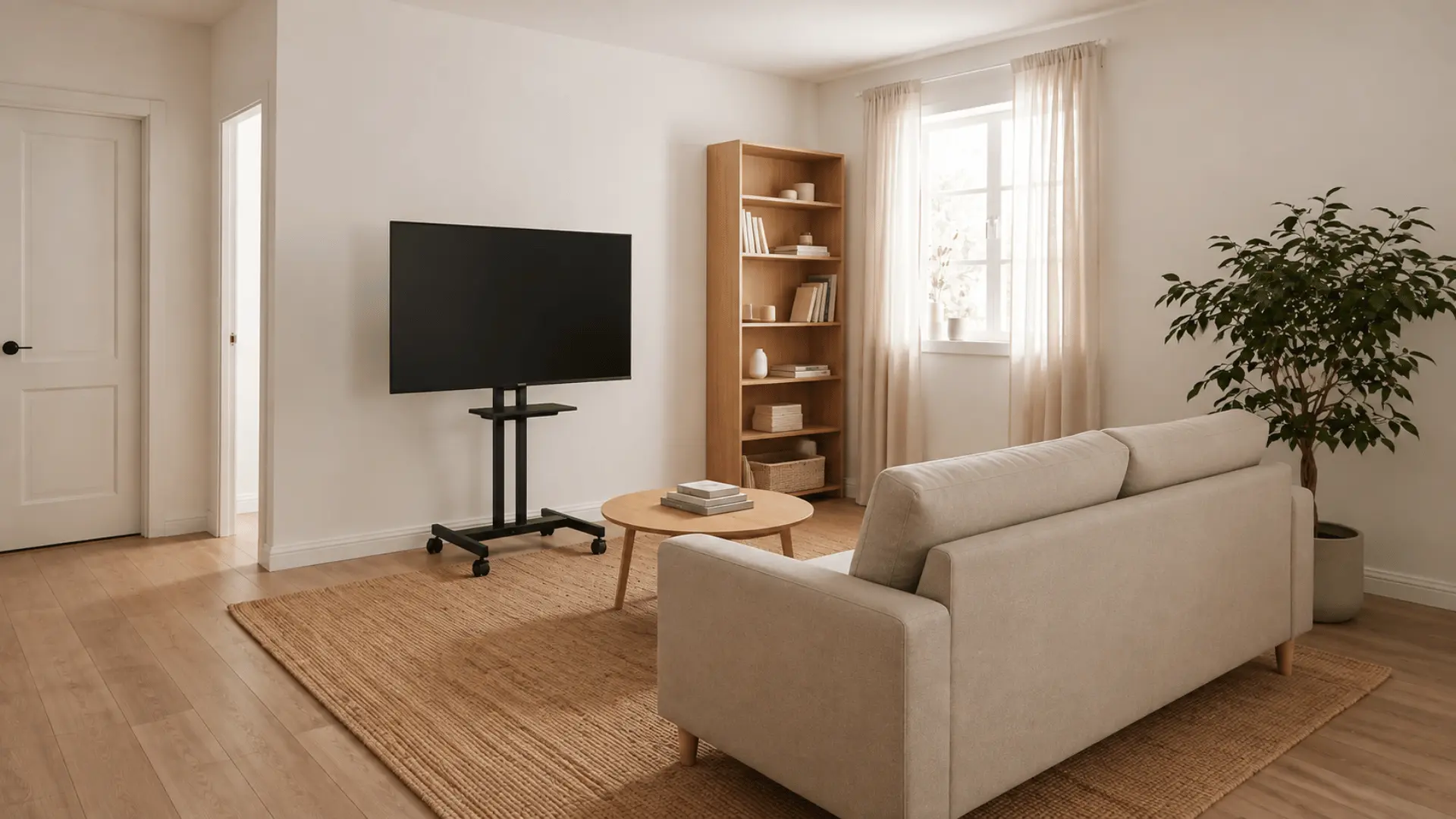 Movable TV stand facing a sofa in a small living room with full seating area visible