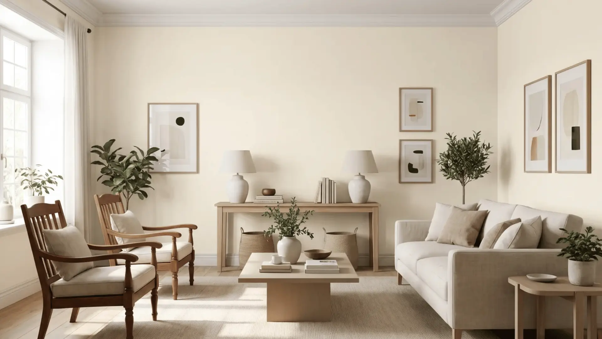 Living room with Roman Column warm white walls, furniture, and simple wall art