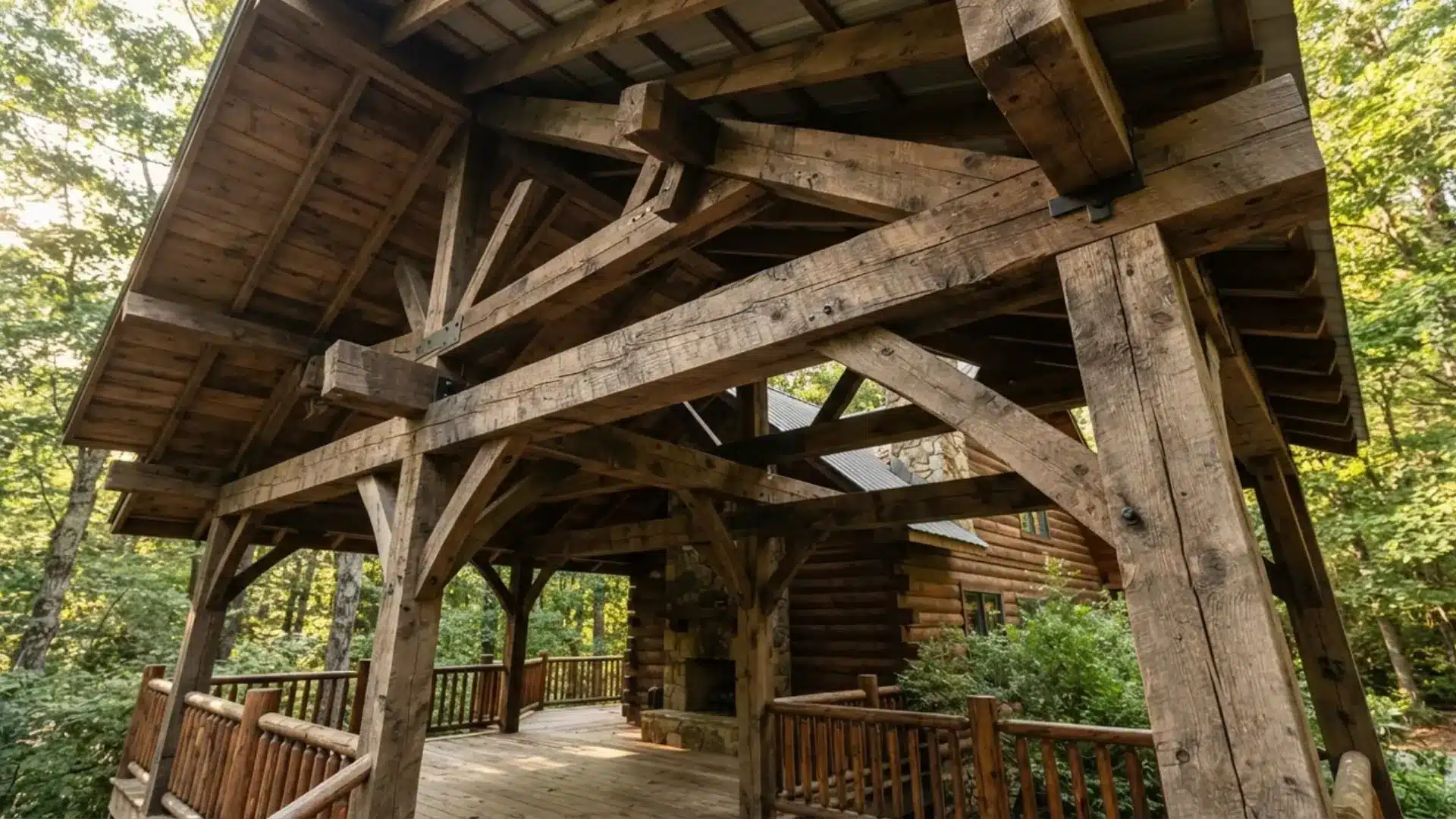 Rustic covered wooden deck featuring exposed heavy timber beam ceiling trusses and log railings.