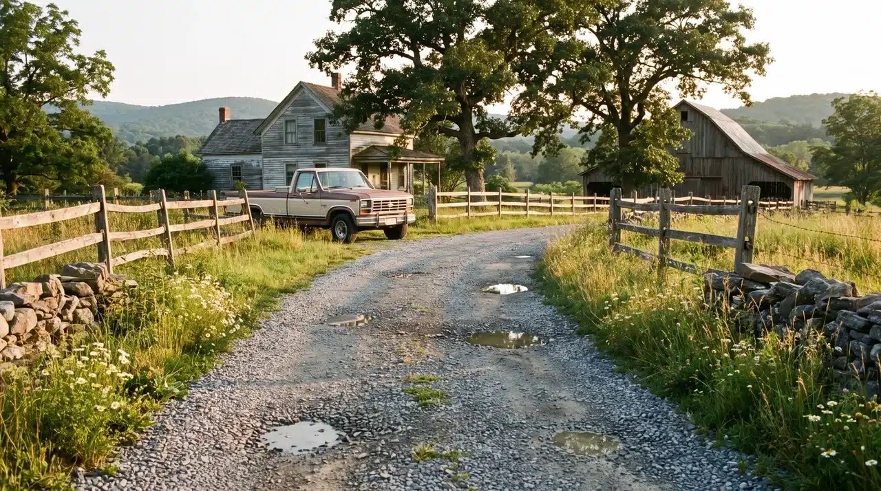 Rustic farm-style gravel driveway with puddles, wooden fences, a farmhouse, barn, and countryside hills.