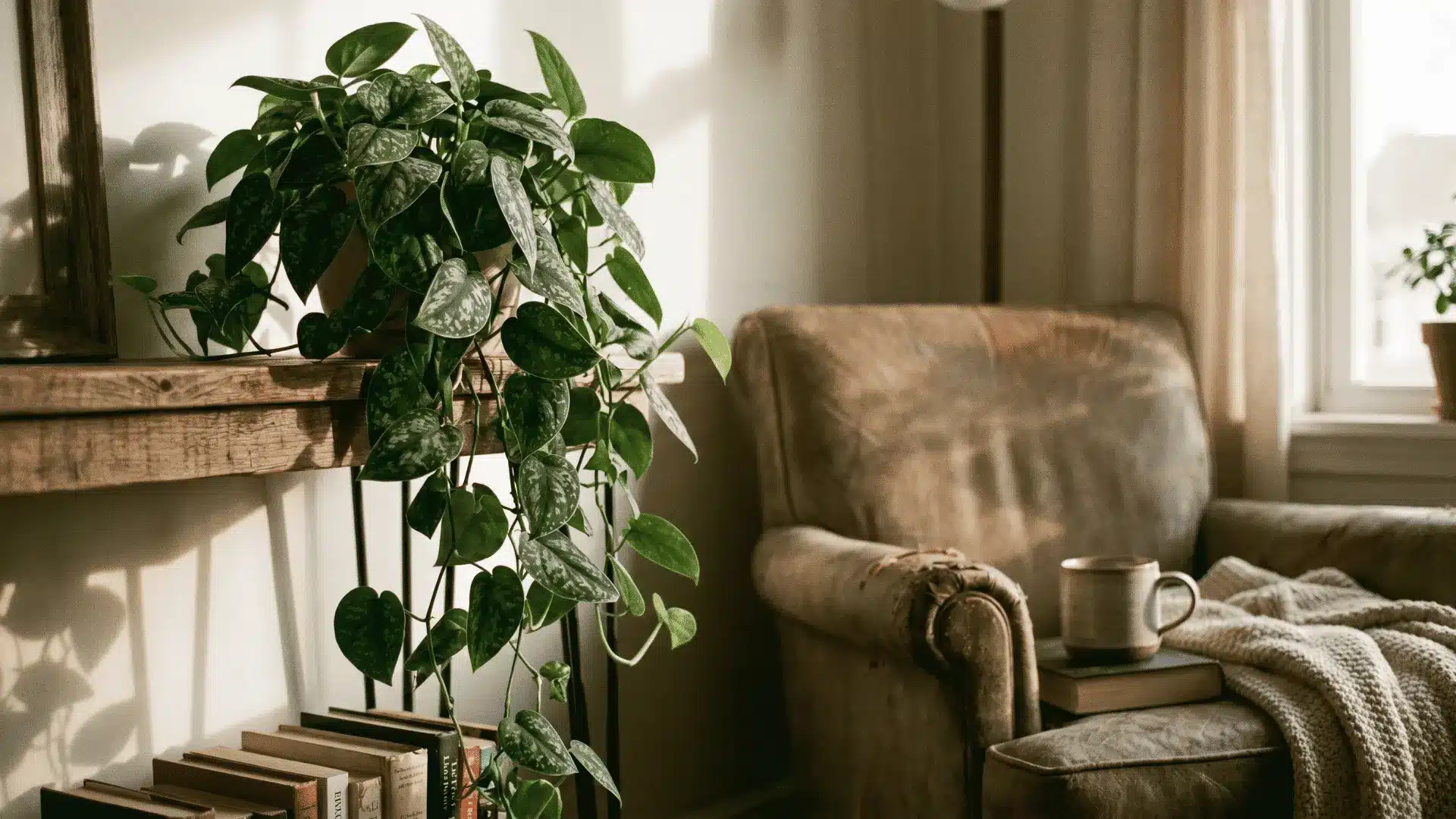 Satin pothos with silvery leaves trailing from shelf.