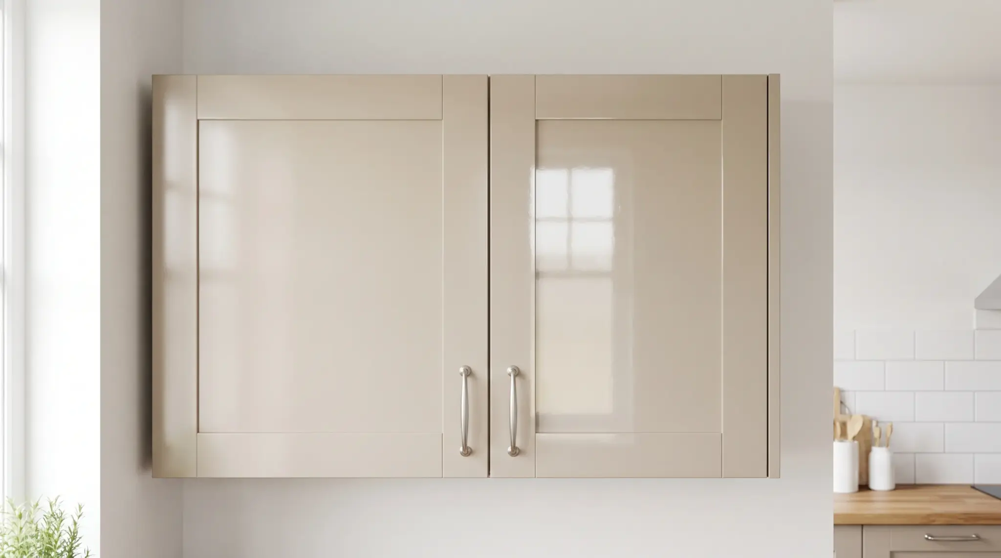 Identical kitchen cabinet doors showing the difference between satin and semi-gloss paint finishes