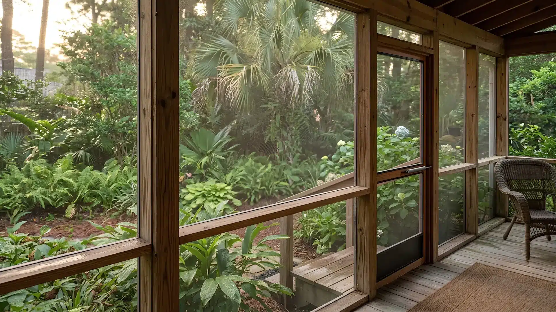 Screened-in wooden porch looking out onto a lush green garden filled with plants.