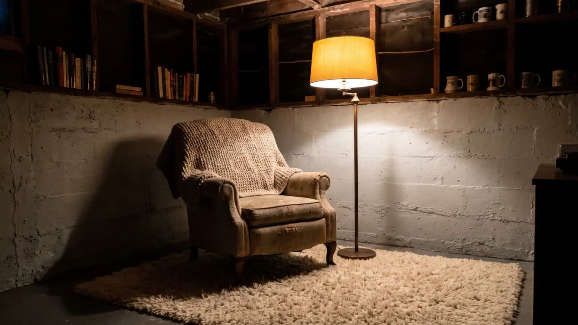armchair and floor lamp with a rug in a basement corner