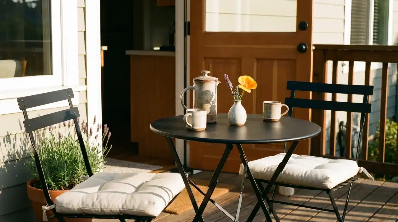 Deck bistro corner with black table, cream cushion chairs, French press, espresso cups and lavender pot in soft morning light.