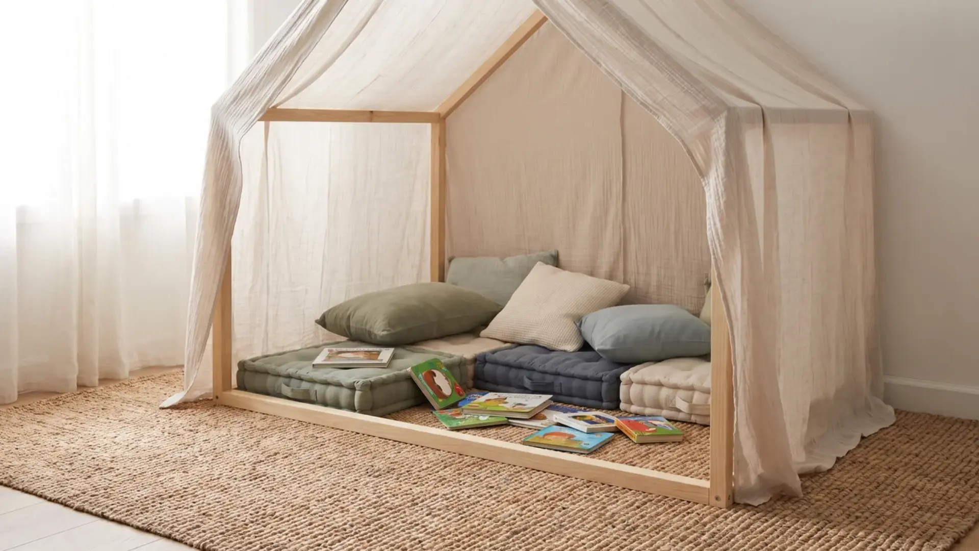canopy tent with floor cushions and childrens books in a corner