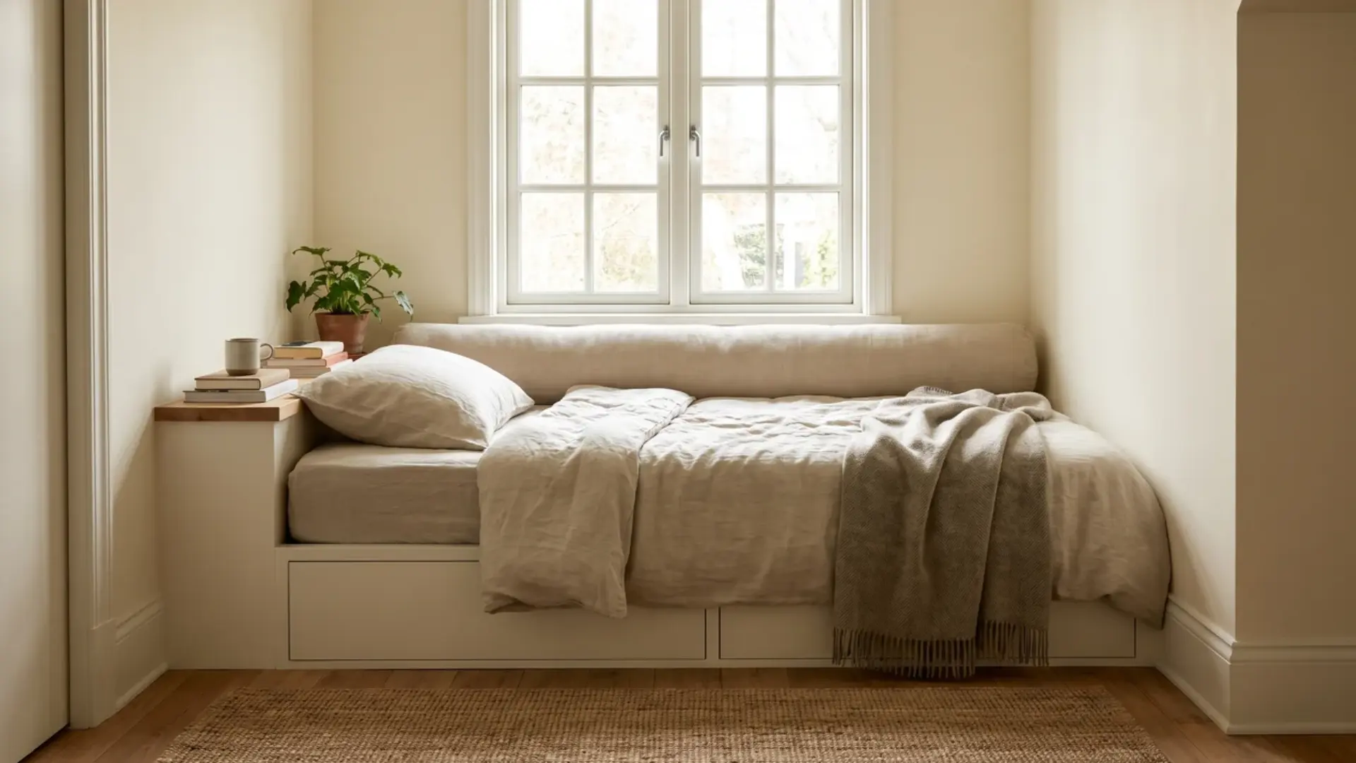 daybed positioned under a window with a bolster pillow and shelf