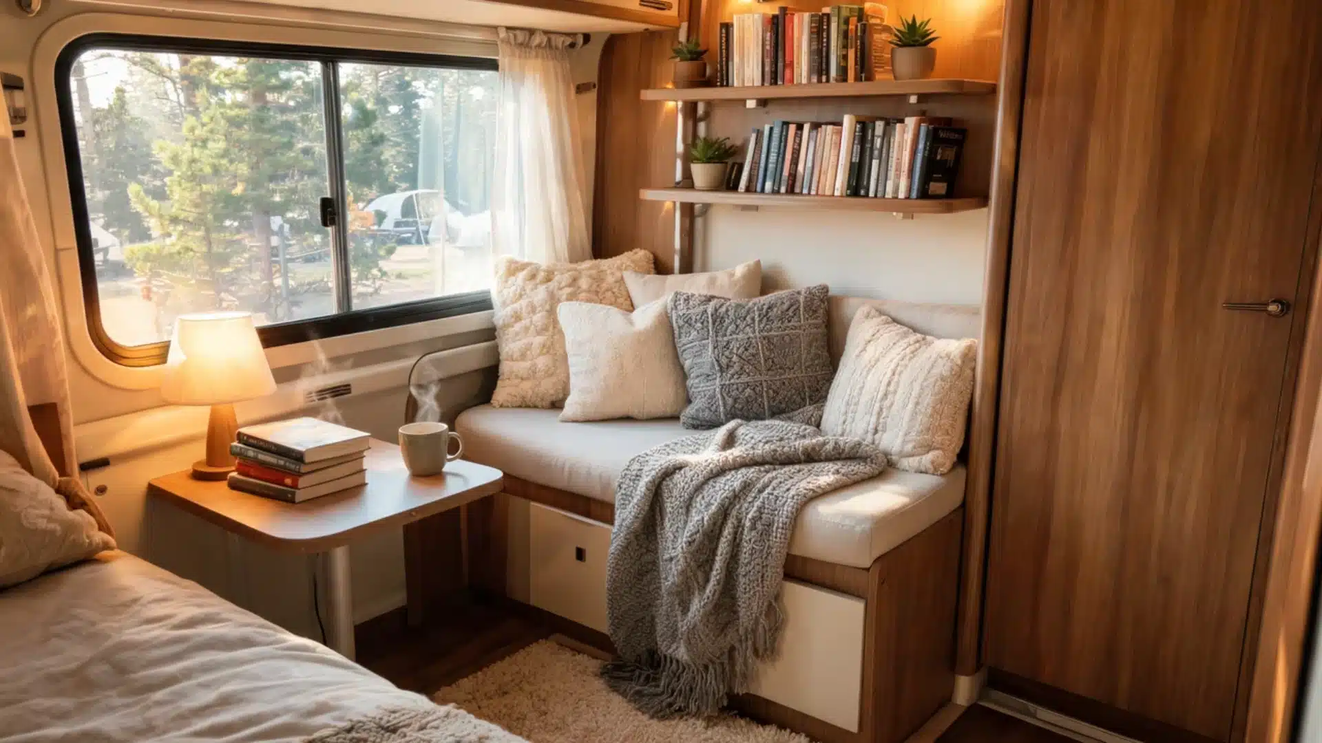 Cozy reading nook inside an RV featuring a window bench, throw pillows, and book storage.